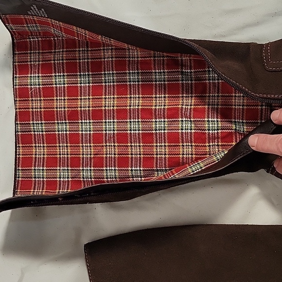 KAYA Brown Knee-High Suede Heeled Boot Side Zippers Stacked Wood Heel - Picture 9 of 9